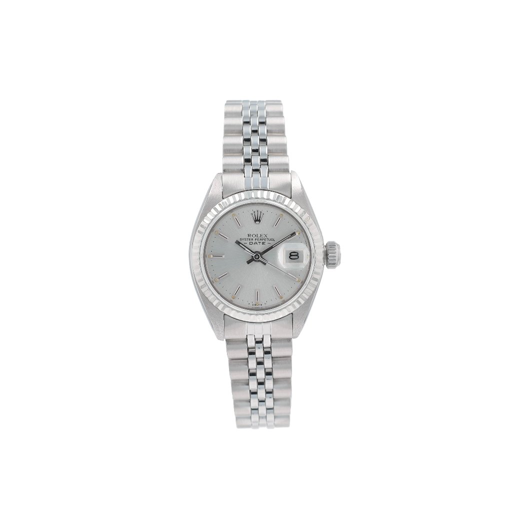 Rolex Date 6917 26mm Silver Index Dial Fluted Bezel Jubilee Band